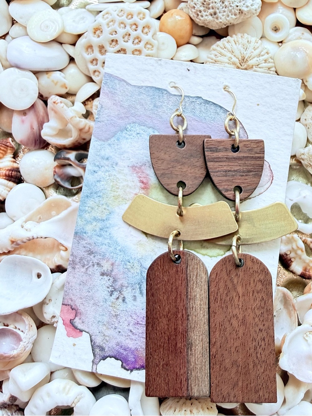 Handcrafted Wood & Brass Statement Drop Earrings - Brown and Gold